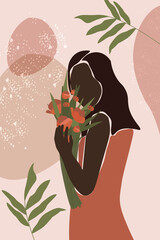 A young attractive dark-skinned woman in a summer dress with a bouquet of flowers in her hand. Contemporary minimalistic abstract art portrait. Vector graphics.