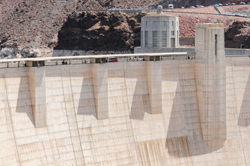 View of the pen stock towers over Lake Mead at Hoover Dam, between Arizona and Nevada states, USA.
