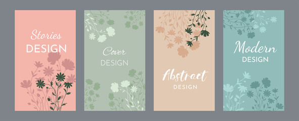 Set cover with wildflowers on a pink, blue, green, orange background. Floral summer cards in pastel shades. Flower meadow, lawn. Summer poster, party invitation. Floral grass, leaves.