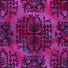 Seamless gradient mesh blurry background tribal ethnic rug motif pattern. High quality illustration. Black hand drawn boho gipsy design on bright pink faded backdrop. Holographic iridescent look.