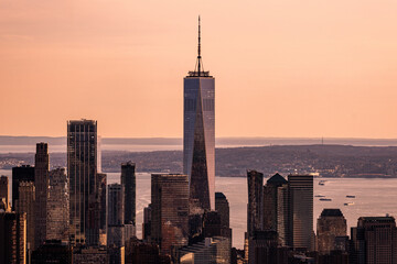 New York City - USA - Apr 3 2021: Pink Sunset Light Close Up View of One World Trade Lower Manhattan