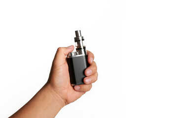 Electronic cigarette in hand in white background, isolated in white background