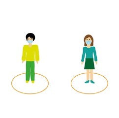 The space for the safety of people should be at a distance of 2 meters from each other. People wearing medical masks to prevent coronavirus keep a social distance. Modern flat design style.