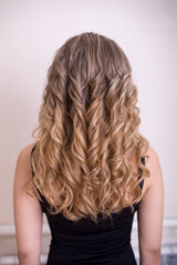 
Female back with long, curly, ombre, blonde hair, in hairdressing salon