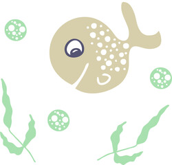 Drawing cute sea fish and seaweed. Hand drawn vector illustration. Design for T-shirt, textile and prints.
