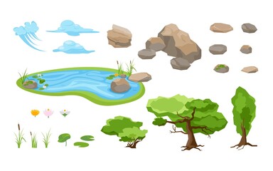 Landscape constructor. Set of different nature forests and hills. Set of rocks and mountains, trees and clouds, rives