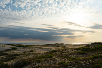 Obraz premium sky, sunset, landscape, nature, clouds, mountain, sun, sea, sunrise, blue, cloud, water, beach, view, summer, evening, ocean, mountains, light, sunlight, green, panorama, horizon, forest, fog