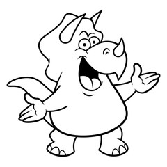 black and white illustration of Triceratops standing and greeting, suitable for coloring book with prehistoric themes for kids