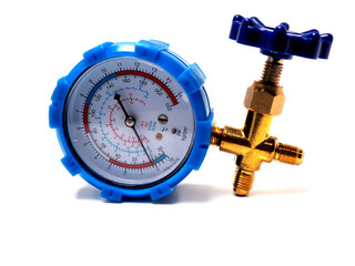 Picture of blue pressure gauge, tool that usualy used by technician to measure gas pressure.