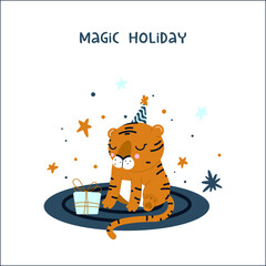 Happy tiger on the kids room with gift box. Baby animal concept illustration for nursery, character for children