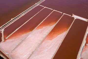 Aerial view of Ponds at Hutt Lagoon or Pink Lake near Port Gregory in Western Australia, Pink color created naturally by bacteria and harvested in ponds by BASF for beta-carotene