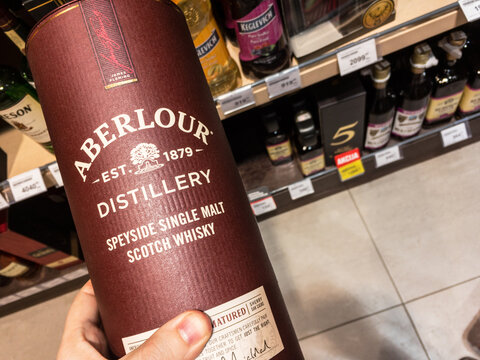 BELGRADE, SERBIA - MAY 25, 2020: Selective blur on Aberlour logo on bottles of Whisky  for sale. Aberlour is a brand of single malt Scotch Whisky part of Pernod Ricard...