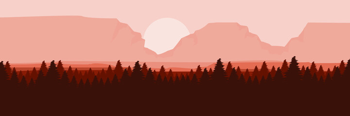 sunrise in mountain forest flat design vector illustration good for wallpaper, banner, template background and adventure tourism design template