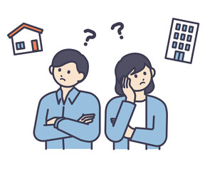マンションか戸建のどちらが良いか悩む男性と女性のイラスト素材