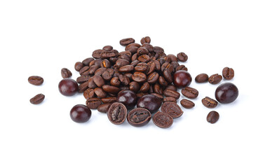 Coffee beans and chocolate covered coffee beans on white background