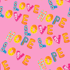 Seamless pattern of digital paper pink background inscription love hope