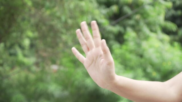 Bye bye hand on natural green background 