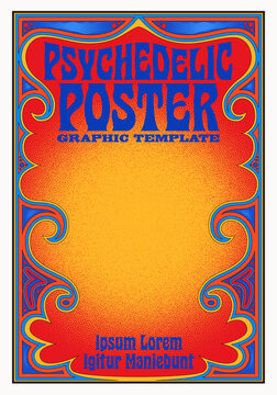A poster template with a retro psychedelic vibe. Classic 1960s style red, yellow and blue color palette. Similar to San Francisco / Haight Ashbury music posters.