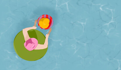 Summer concept in pool.  Grandmother or Mother with child swimming with floats.  Copy space.