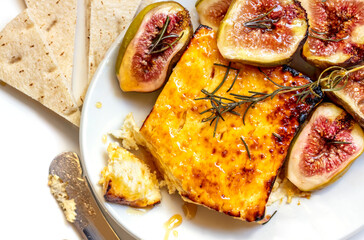 Baked Feta Cheese with Honey and Rosemary with Roasted Figs Top view