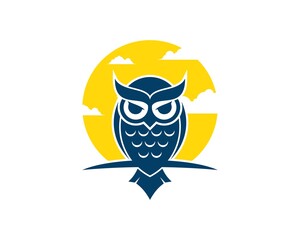 Luxury owl on the branch with yellow moon behind