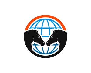 Circle shape with black horse and abstract globe inside