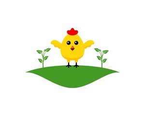 Green field with leaf tree and happy chick on the top