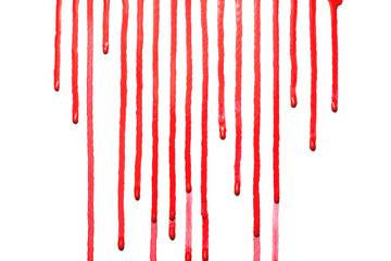 Red water color drips down on white background,Or as drop of blood,Abstract color	