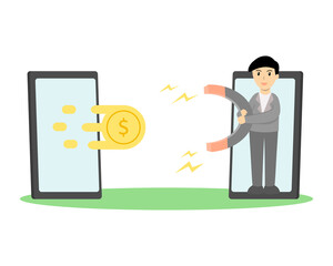 Businessman using magnet attracting golden coin from another mobile phone. Online money transfer, Mobile banking concept vector
