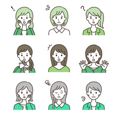 色んな表情の女性 シンプルな線画イラスト