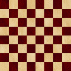 Red and tan checkered chess board background. Polished marbled stone textured squares. Seamless.