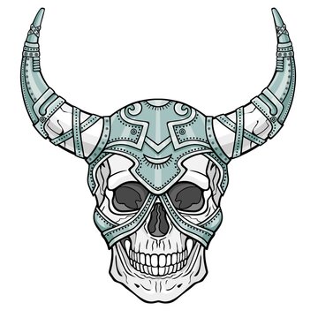 Fantastic horned human skull in iron armor. Spirit of the soldier. Boho design. The isolated drawing on a white background. Vector illustration. Print, posters, t-shirt, textiles.