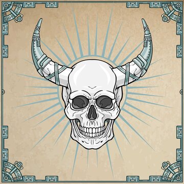 Fantastic horned human skull in iron armor. Esoteric image of the demon, shaman, mythical character. Boho design. Background - imitation of old paper, a frame from iron elements. Vector illustration.