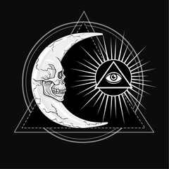 The fantastic moon, in the form of a human skull. Esoteric symbol, sacred geometry. The monochrome drawing isolated on a black background. Vector illustration. Print, posters, t-shirt, textiles.