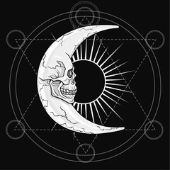 Fantastic moon in the form of a human skull. Esoteric symbol, sacred geometry. The monochrome drawing isolated on a dark gray background. Vector illustration. Print, posters, t-shirt, textiles.