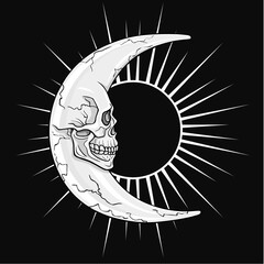 Fantastic crescent moon in the form of a human skull. Sun beams. Esoteric symbol. The monochrome drawing isolated on a dark gray background. Vector illustration. Print, posters, t-shirt, textiles.