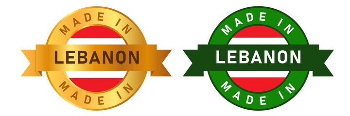 Made in Lebanon label stamp for product manufactured by Lebanese company seal golden ribbon and flag - obrazy, fototapety, plakaty