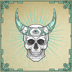 Human skull - the shaman, magic horn. Eye of Providence. Background - imitation of old paper, a decorative frame, magic circle. Vector illustration.