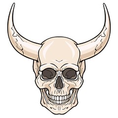 Fantastic horned human skull. The color illustration isolated on a white background. Print, posters, t-shirt, textiles.