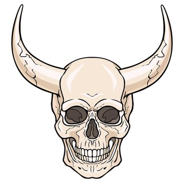 Fantastic horned human skull. The color illustration isolated on a white background. Print, posters, t-shirt, textiles.