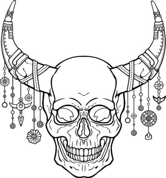 Image of the fantastic character: horned human skull. Demon, soldier, shaman. Boho design. The linear drawing isolated on a white background. Vector illustration, be used for coloring book.