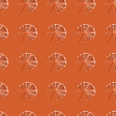Simple style seamless pattern with abstract palm licuala doodle shapes. Orange background.