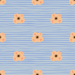 Naive style seamless pattern with orange scandi flowers silhouettes. Blue striped background. Doodle print.