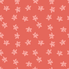 Little pink colored orchid flowers shapes seamless pattern. Orange background. Summer floral backdrop.