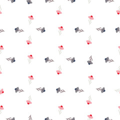 Isolated seamless botanic pattern with pink and purple little camomile flowers print. White background.