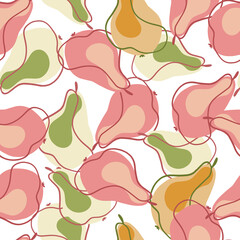 Organic summer fruit seamless pattern with pink and green pear contoured silhouettes. Isolated backdrop. Fresh print.