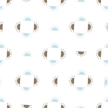 Geometric abstract seamless pattern with blue and beige ethnic sun shapes. Isolated doodle backdrop.