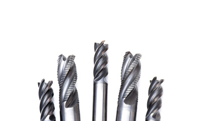 endmill cutting tools special, 4 teeth. spiral right hand. material Carbide and high speed steel, coating Titanium nitride. isolated on white background.