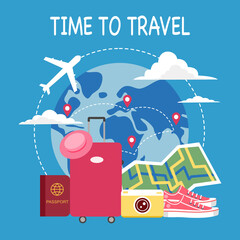 Naklejka premium Time to travel concept vector illustration. Airplane, passport, luggage, camera, hat, map and shoes in flat design. World trip.