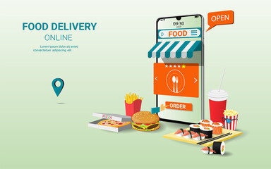 Food delivery online service on mobile phone. Online food order. Internet e-commerce. Digital marketing and Modern marketing. Concept for website or banner. 3D Perspective Vector illustration